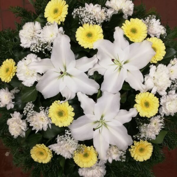 Sárga mini gerbera fekvő koszorú (FK-17)